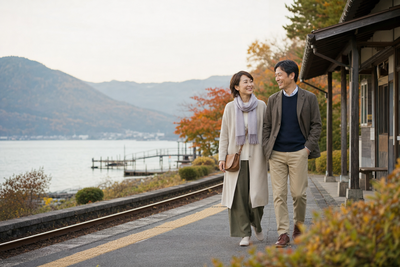 湖畔の駅を歩く40代の男女